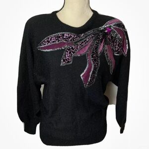 12-13 Vintage western connection Black sweater purple sequin Small NWT New